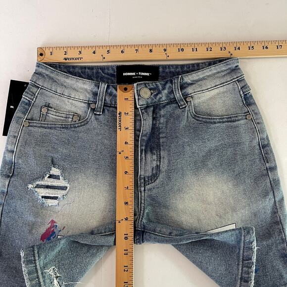 Homme + Femme NEW Mens Hand Painted Logo Distressed Jean Shorts Sz 30 Blue - Picture 8 of 10